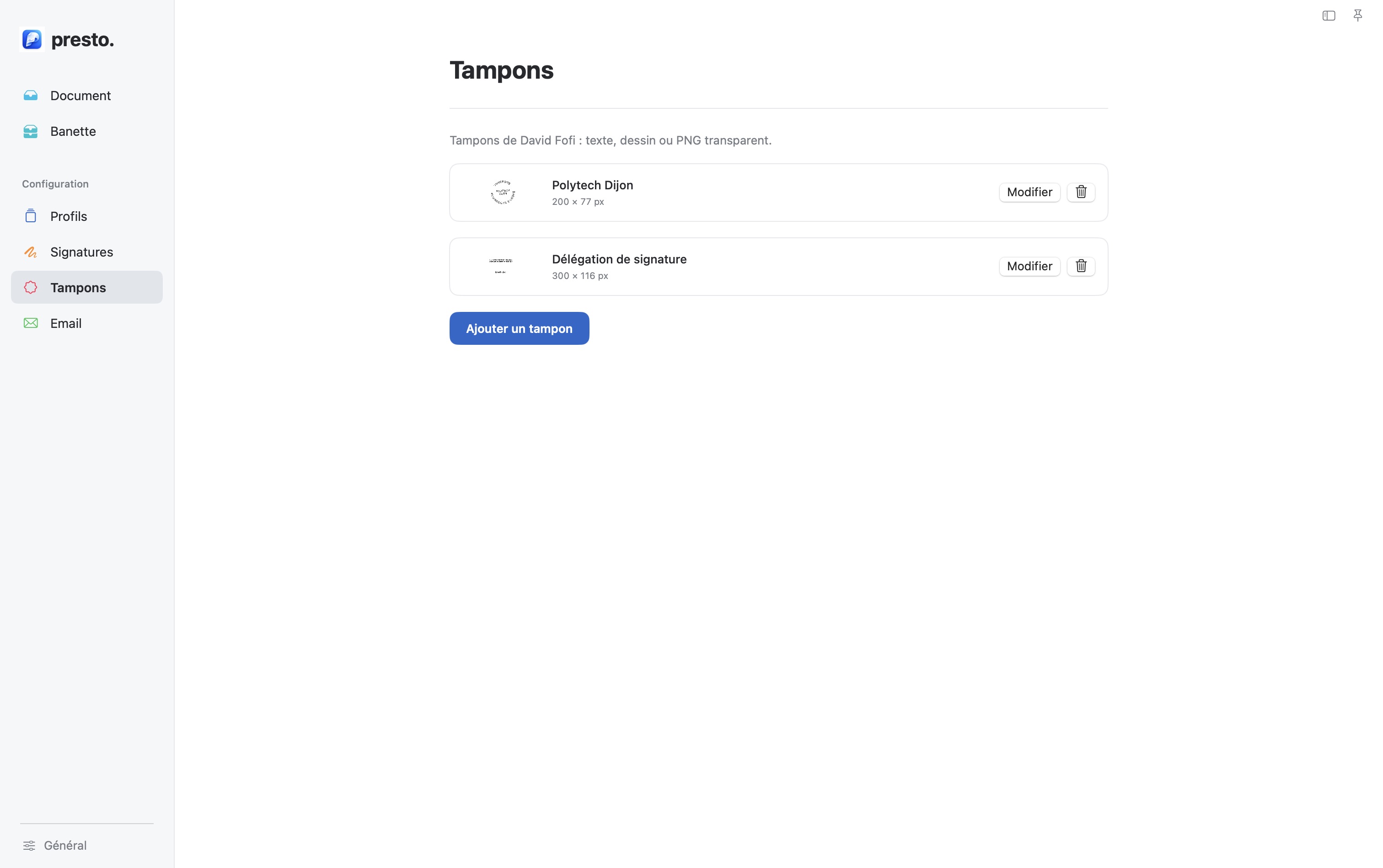 Capture des réglages de tampons Presto